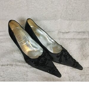 Vintage Sofia Satin Beaded Pointed Toe Pumps Black Italian Kitten Heels‎